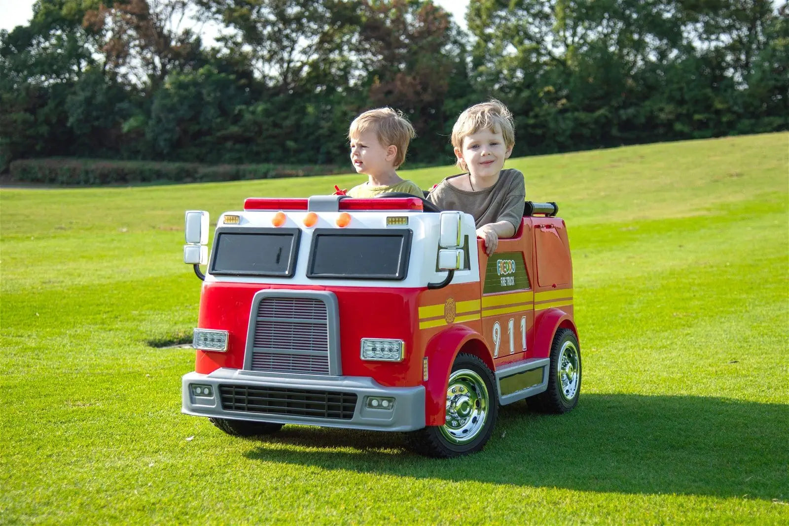 24V Freddo Fire Truck 2-Seater Ride on DTI Direct Canada