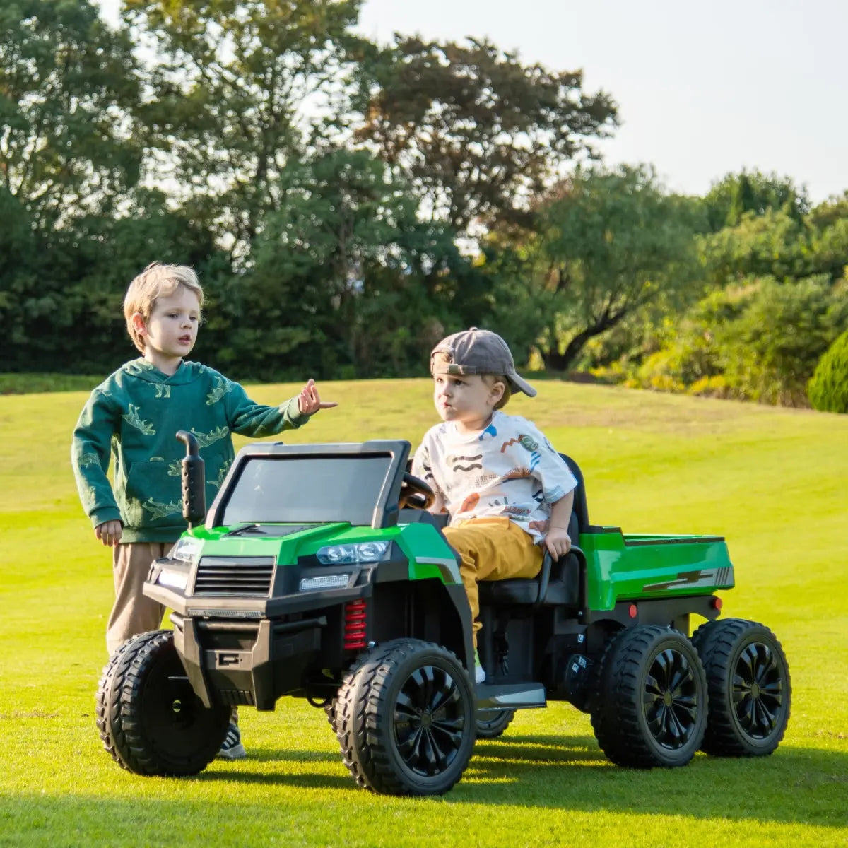 24V 6 Wheeler Freddo Tractor Trailer 2 Seater Ride-on with Dump Cart and Parental Remote DTI Direct Canada