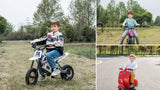 Kids riding the Freddo 36V electric dirt bike and a 12V Vespa ride-on scooter