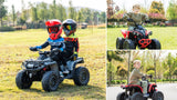 Kids in helmets riding a Can-Am Outlander 24V ATV and a child on a Can-Am Renegade 24V kids quad