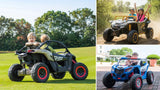 Two kids in a Can-Am Maverick 48V kids UTV, an Arctic Cat Wildcat XX and a Freddo Storm Police UTV