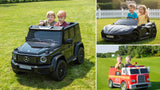 Two kids driving a Mercedes G-Wagon 24V 2-seater, a Corvette C8 2-seater and a Freddo 24V ride-on fire truck