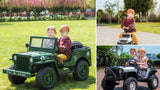 Two kids driving the Military Willys 24V ride-on, a toddler on the Jeep Rubicon foot-to-floor and two kids in the Freddo Raider 24V