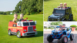 Kids driving a Freddo 24V ride-on fire truck, a Mercedes G-Wagon and a Storm Police UTV