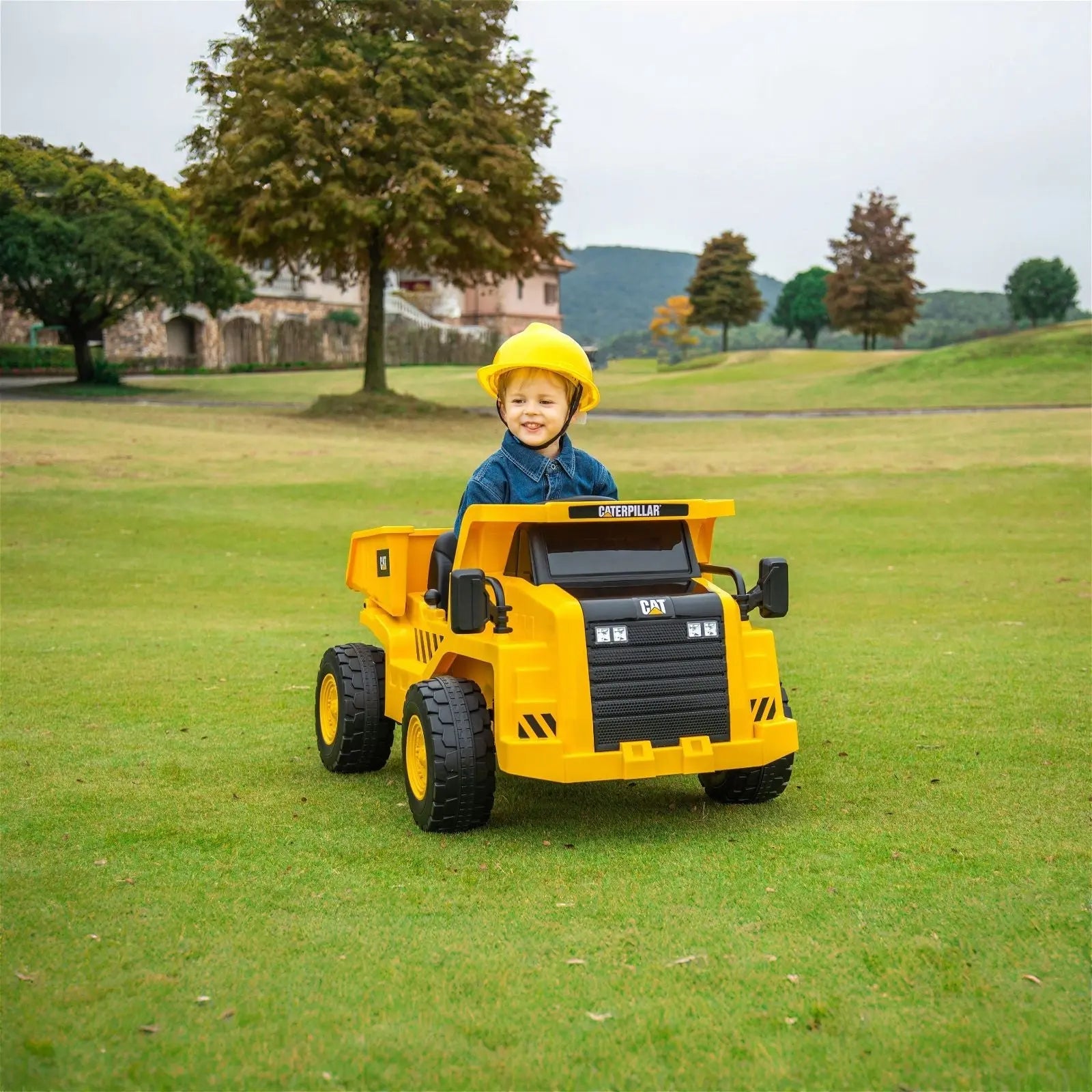 12V CAT Electric Dump Truck 1 Seater Ride-On – front view | Freddo Toys Canada