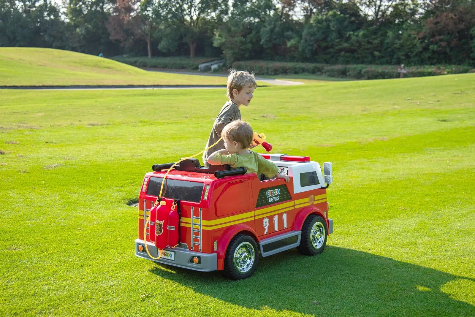 24V Freddo Fire Truck 2-Seater Ride on – front three-quarter view | Freddo Toys Canada