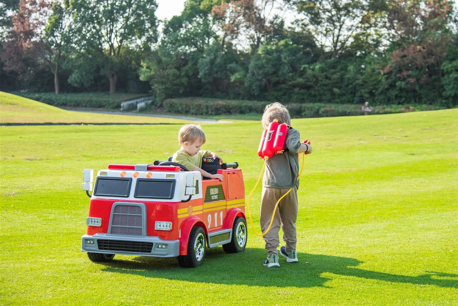 24V Freddo Fire Truck 2-Seater Ride on – wheels and suspension detail | Freddo Toys Canada