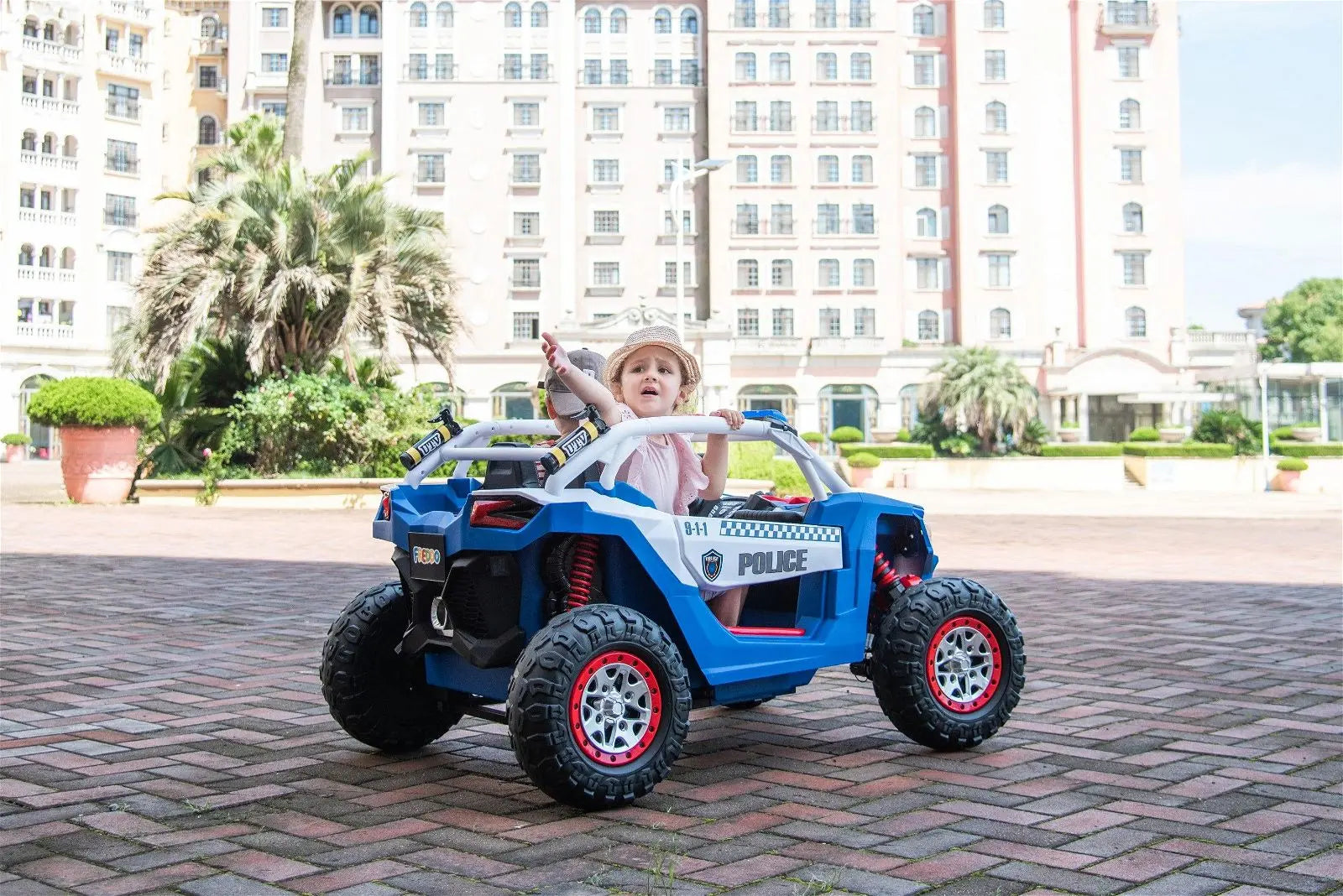 24V 4x4 Freddo Storm Police UTV 2-Seater for Kids with Lights & Sirens for Action-Packed Adventures – steering wheel and controls | Freddo Toys Canada