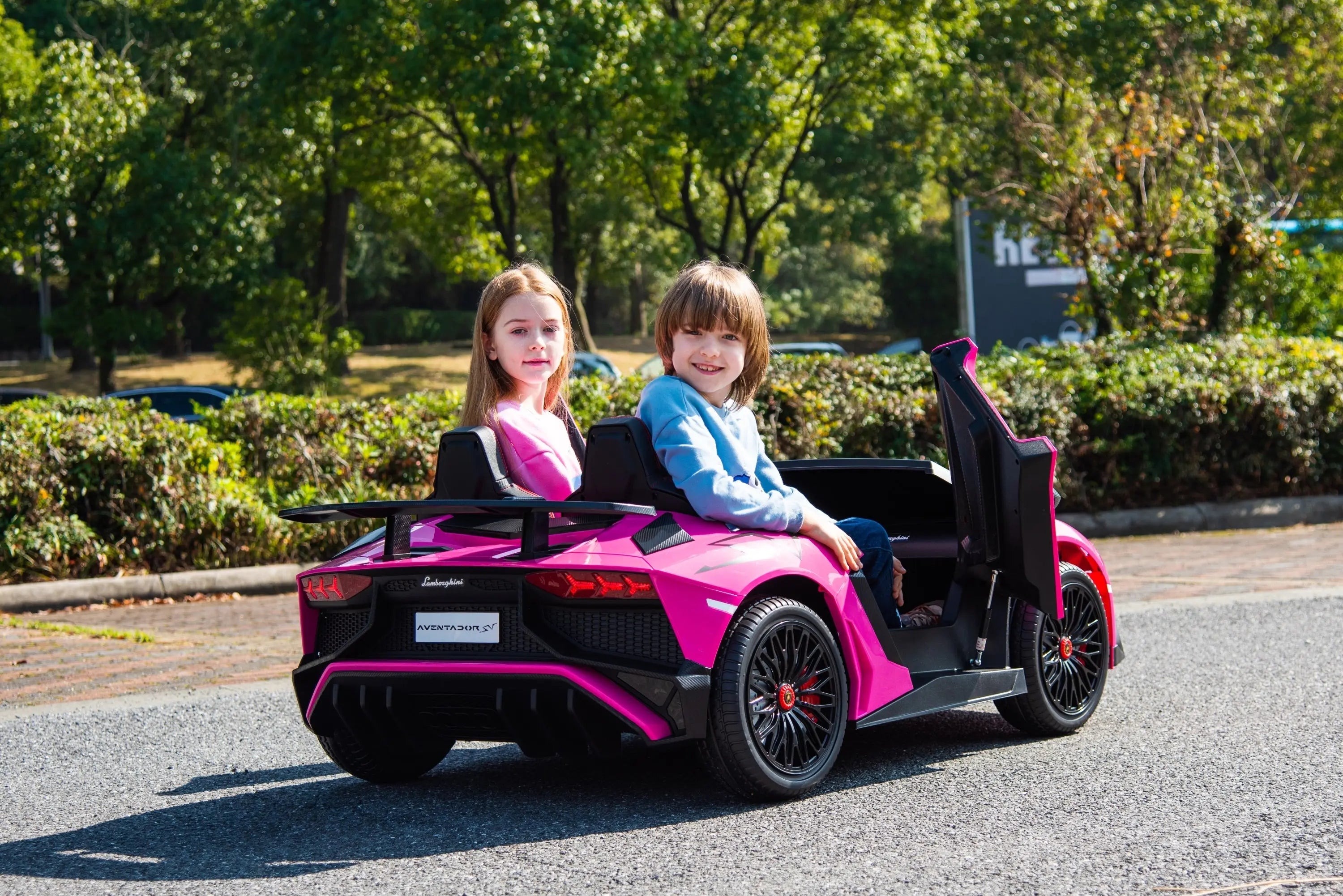 24V Lamborghini Aventador 2 Seater Ride On Car for Kids: Advanced Brushless Motor & Differential for High-Octane Fun – front three-quarter view | Freddo Toys Canada
