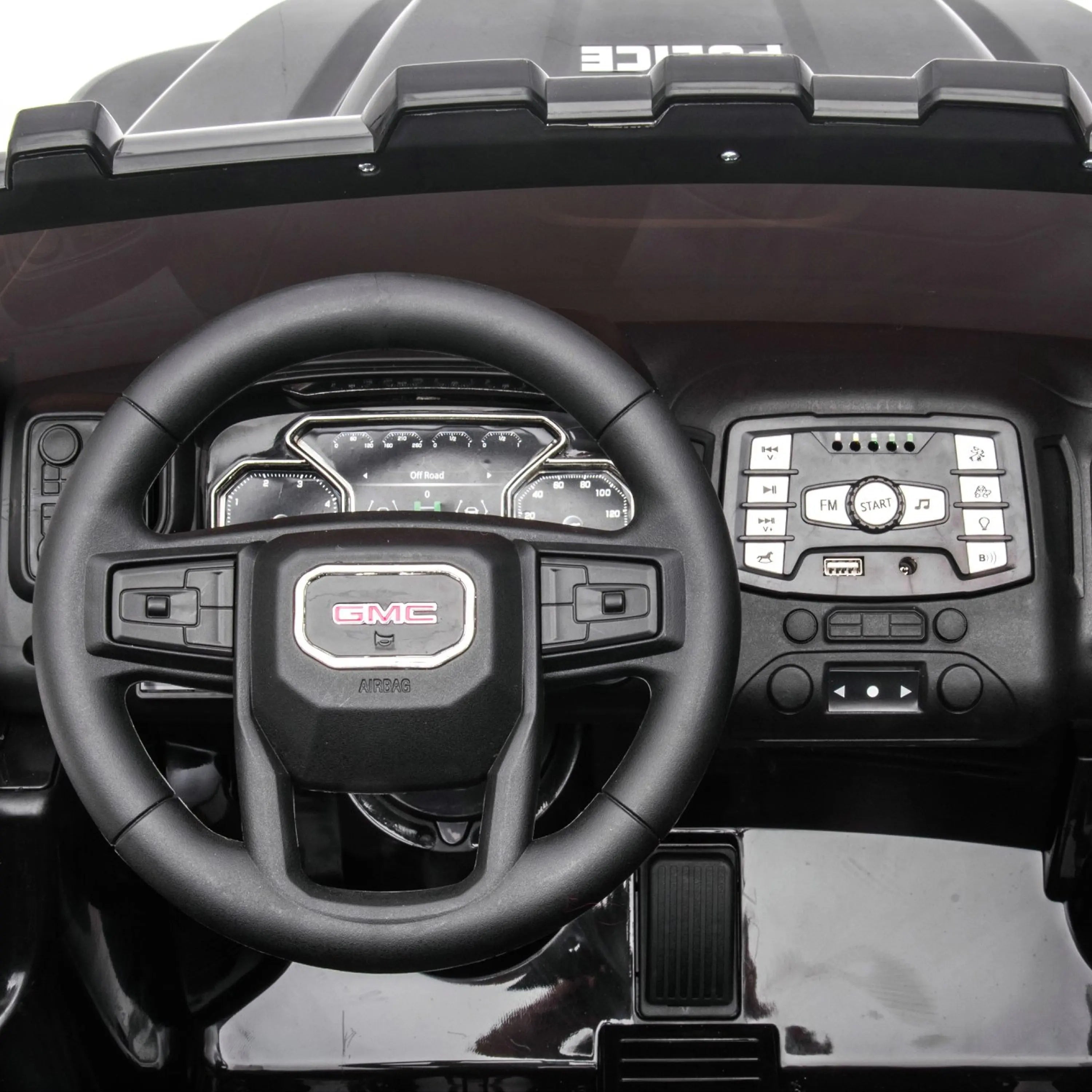 24V GMC Sierra Denali 2 Seater Police Ride-On Truck – steering wheel and controls | Freddo Toys Canada
