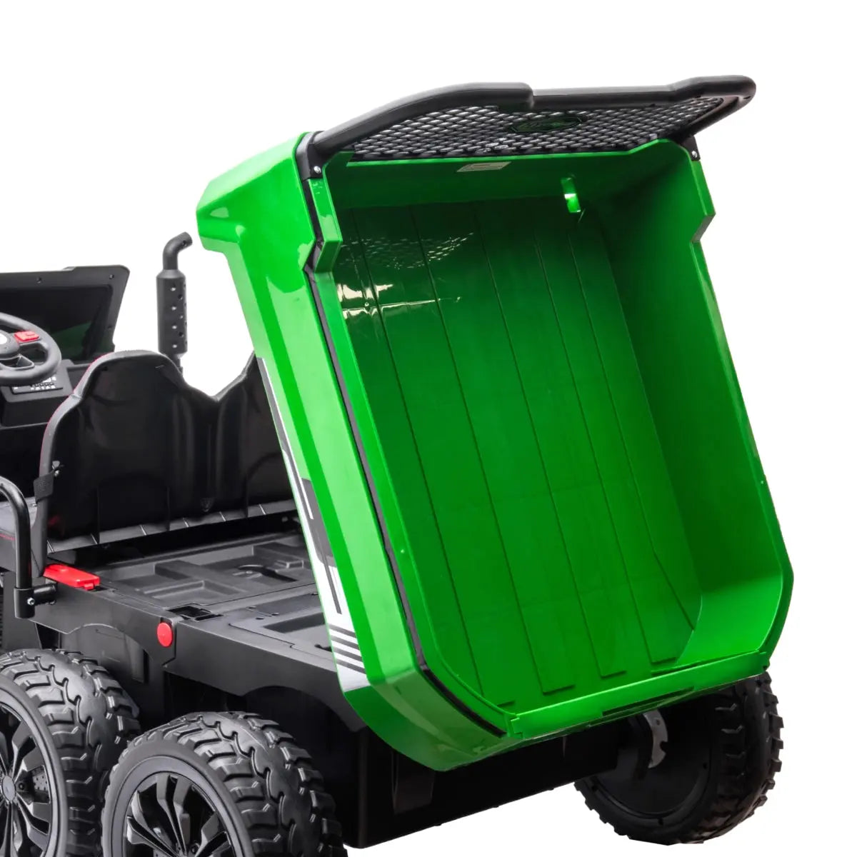 24V 6 Wheeler Freddo Tractor Trailer 2 Seater Ride-on with Dump Cart and Parental Remote – rear three-quarter view | Freddo Toys Canada