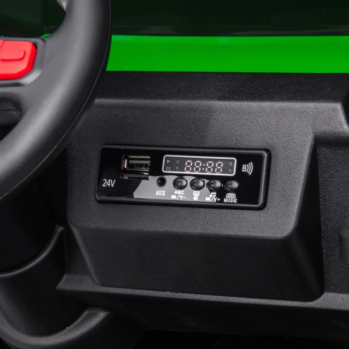 24V 6 Wheeler Freddo Tractor Trailer 2 Seater Ride-on with Dump Cart and Parental Remote – interior detail | Freddo Toys Canada