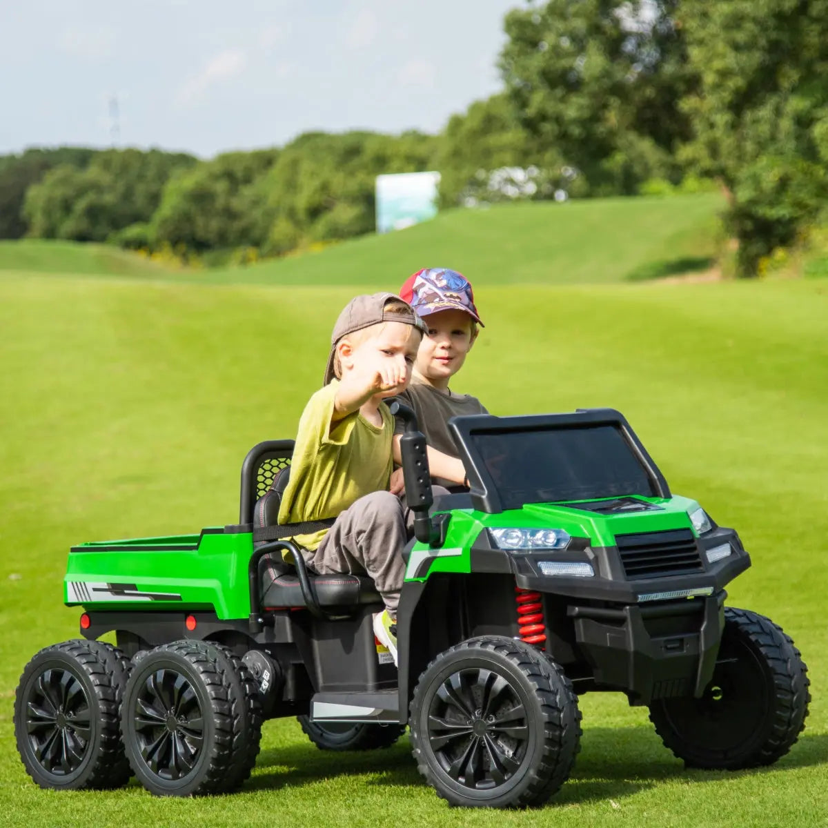 24V 6 Wheeler Freddo Tractor Trailer 2 Seater Ride-on with Dump Cart and Parental Remote – wheels and suspension detail | Freddo Toys Canada
