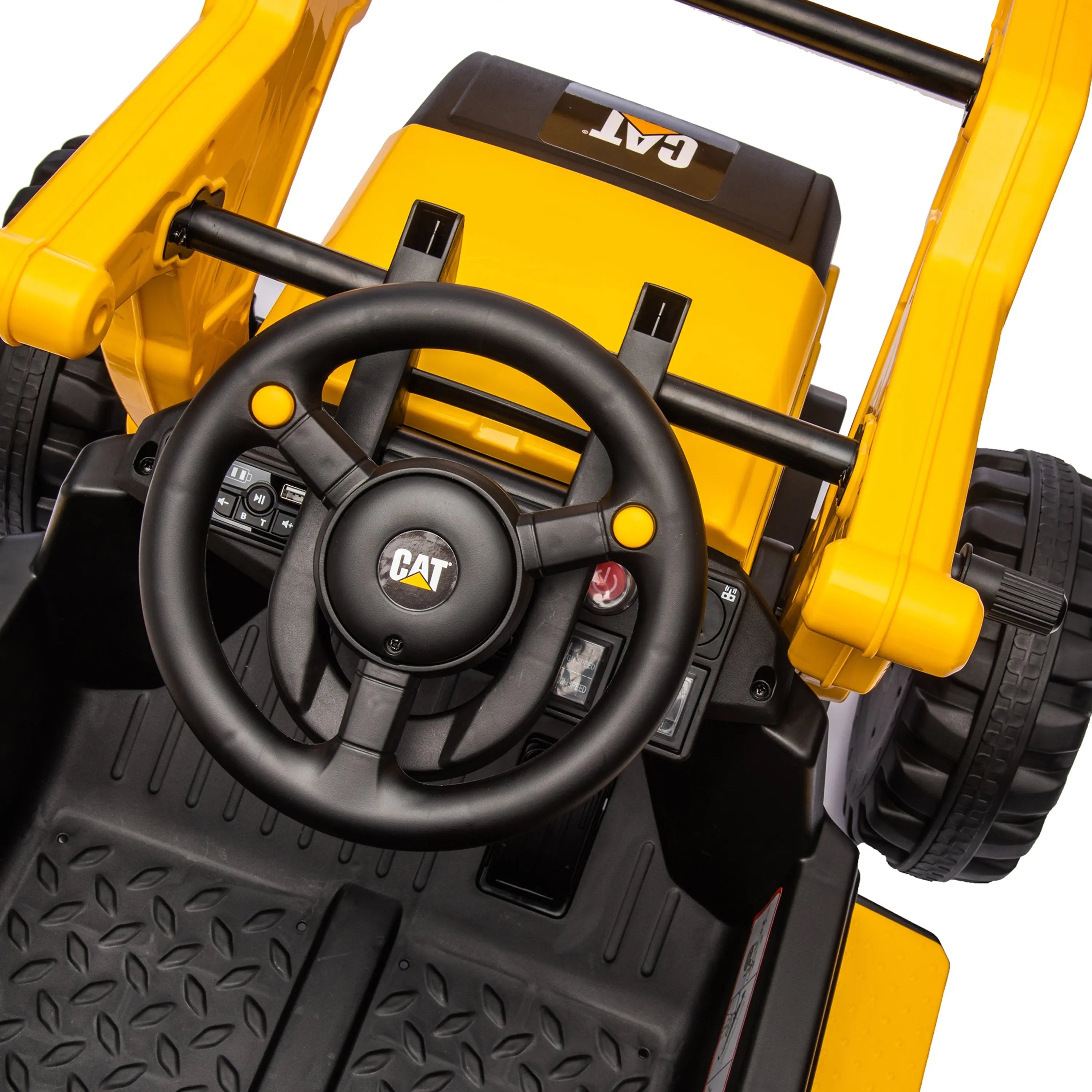 CAT Loader 12V Ride-on – wheels and suspension detail | Freddo Toys Canada